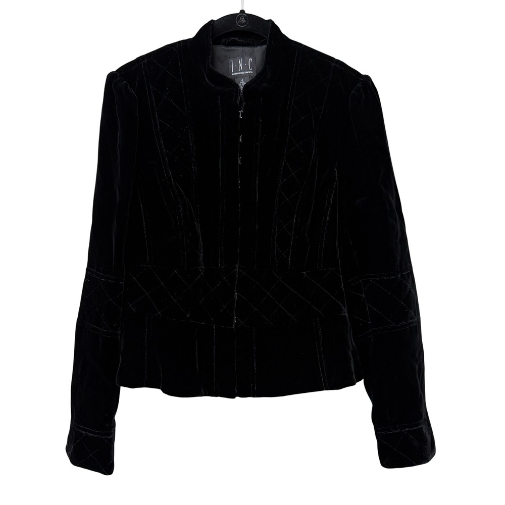 INC Womens Velvet Military Jacket Silk Size 6 Black Quilted Stand Collar Peplum